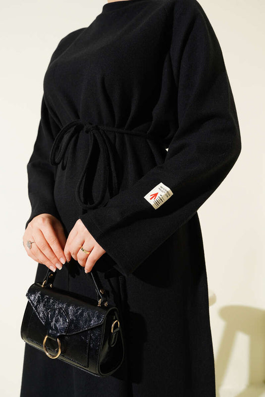 Crew Neck Embroidered Rope Belted Dress Black