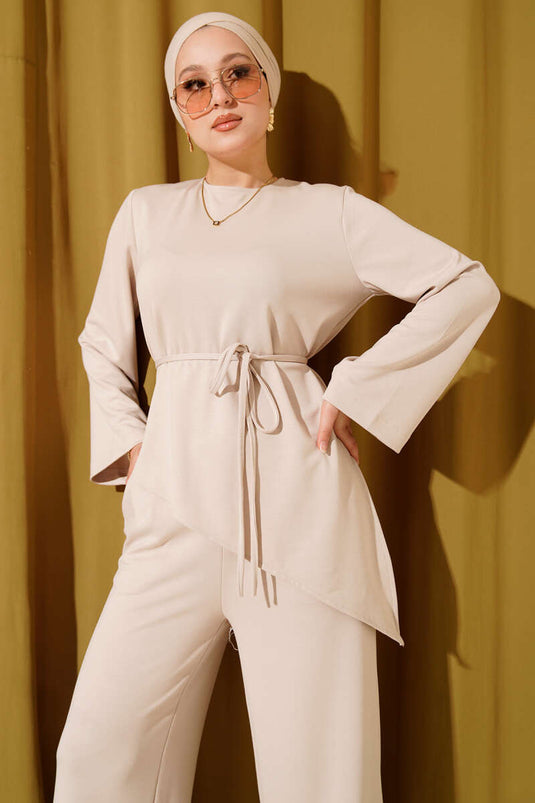 Bisiklet Yaka Asimetrik Kesim Loyşa İkili Takım Bej