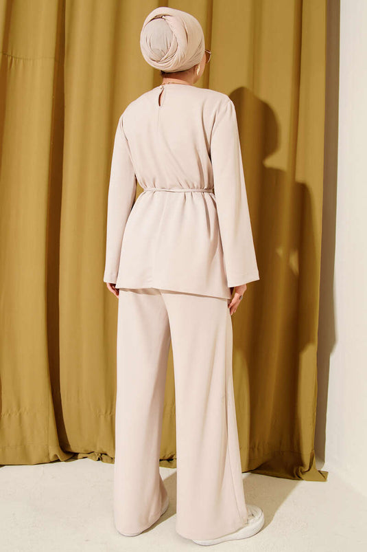 Bisiklet Yaka Asimetrik Kesim Loyşa İkili Takım Bej