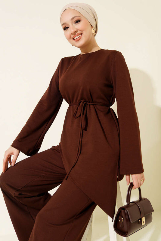 Bisiklet Yaka Asimetrik Kesim Loyşa İkili Takım Kahve