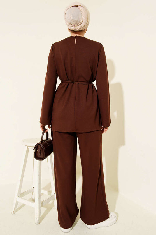 Bisiklet Yaka Asimetrik Kesim Loyşa İkili Takım Kahve