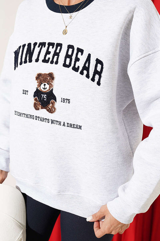 Bisiklet Yaka Ayıcık Baskılı Sweatshirt Melanj Gri