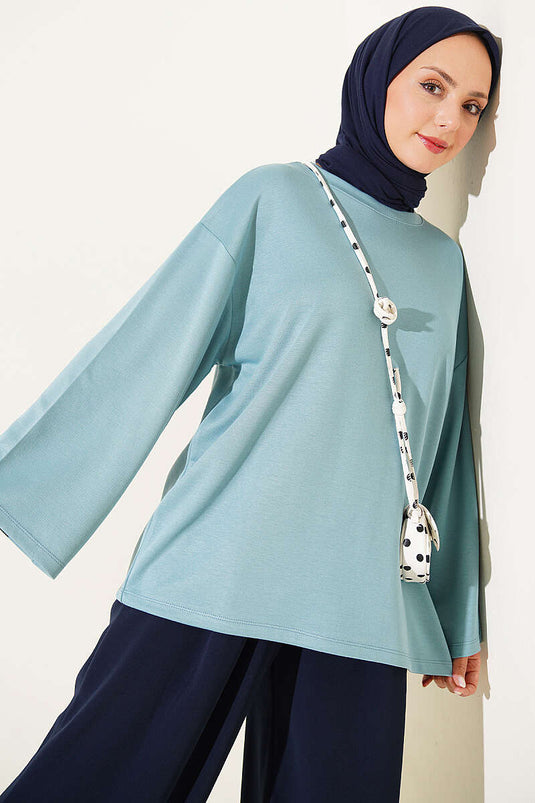 Bisiklet Yaka Basic Loyşa Tunik Petrol