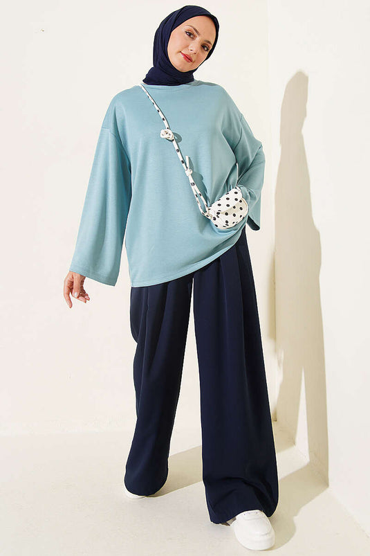 Bisiklet Yaka Basic Loyşa Tunik Petrol