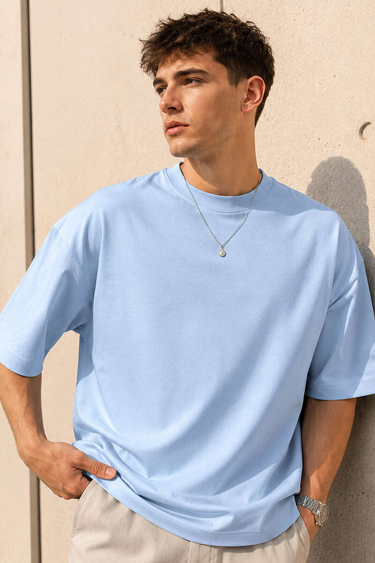 Basic Oversize Herren T-Shirt mit Rundhalsausschnitt in Eisblau