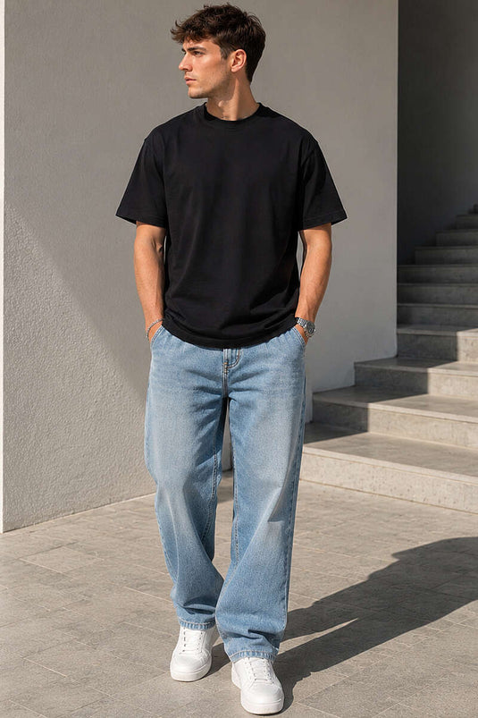 Basic Oversize Herren T-Shirt mit Rundhalsausschnitt Schwarz