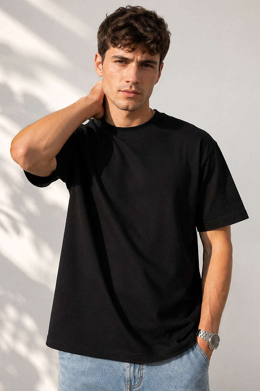 Basic Oversize Herren T-Shirt mit Rundhalsausschnitt Schwarz