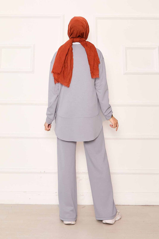 بدلة أويشو الأساسية ذات الرقبة الدائرية باللون الرمادي