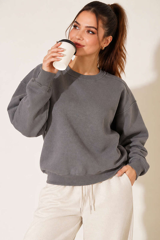 Bisiklet Yaka Basic Üç İplik Sweatshirt Kayrak Grisi