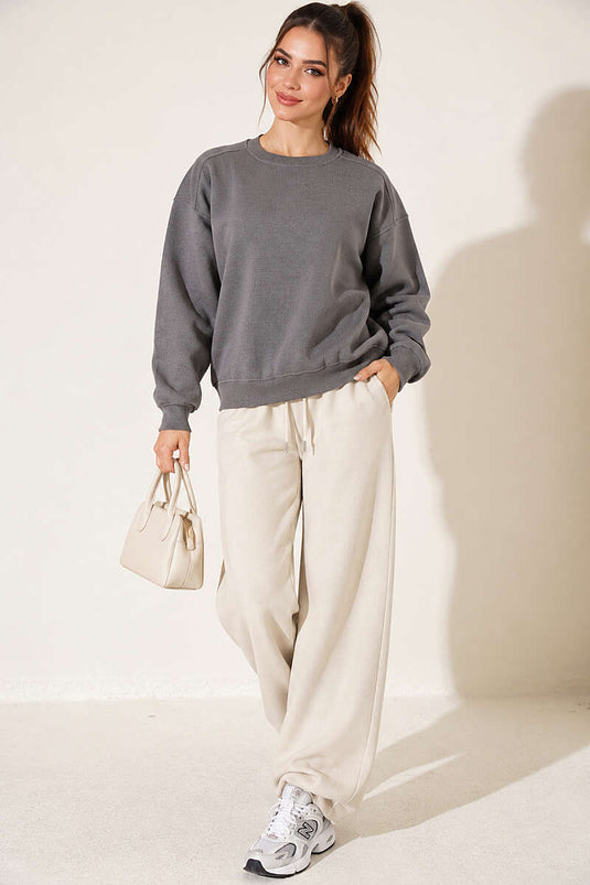 Bisiklet Yaka Basic Üç İplik Sweatshirt Kayrak Grisi