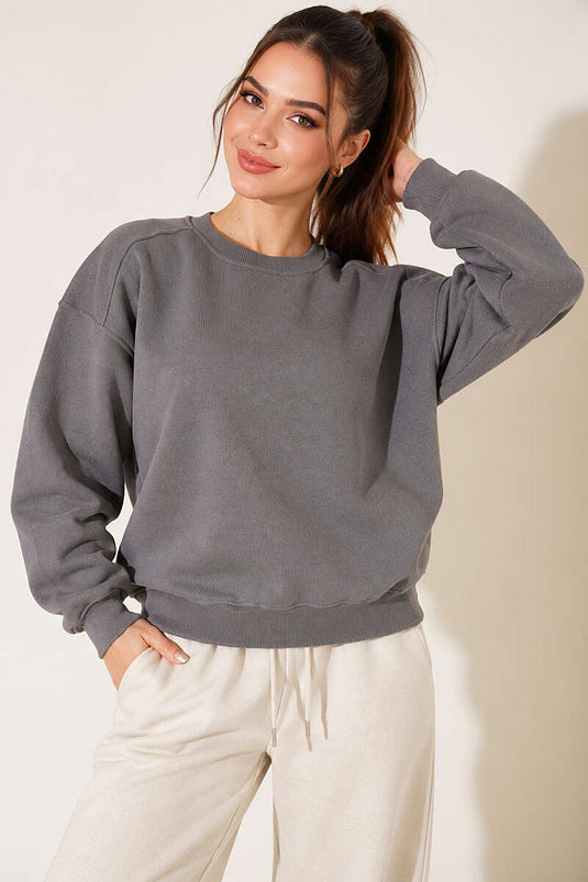 Bisiklet Yaka Basic Üç İplik Sweatshirt Kayrak Grisi