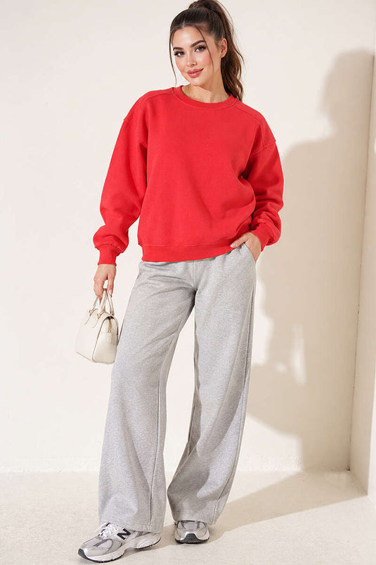 Rode Basic Driefasige Sweatshirt Met Ronde Hals