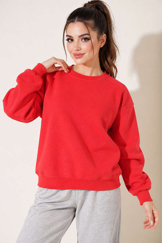 Rode Basic Driefasige Sweatshirt Met Ronde Hals