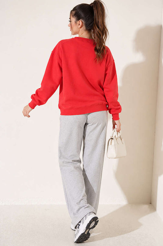 Rode Basic Driefasige Sweatshirt Met Ronde Hals