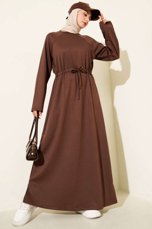 Bisiklet Yaka Bel Tünelli Loyşa Elbise Kahve