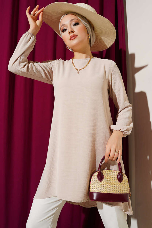 Crew Neck Trimmed Ayrobin Tunic, Beige