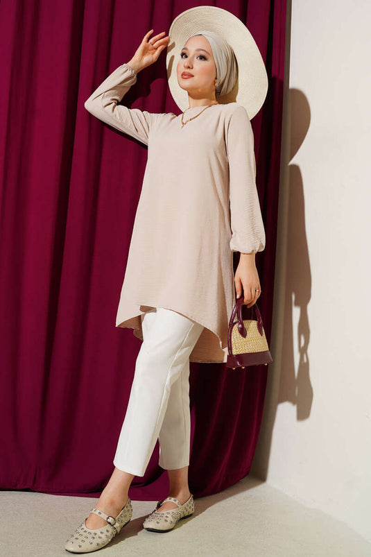 Crew Neck Trimmed Ayrobin Tunic, Beige