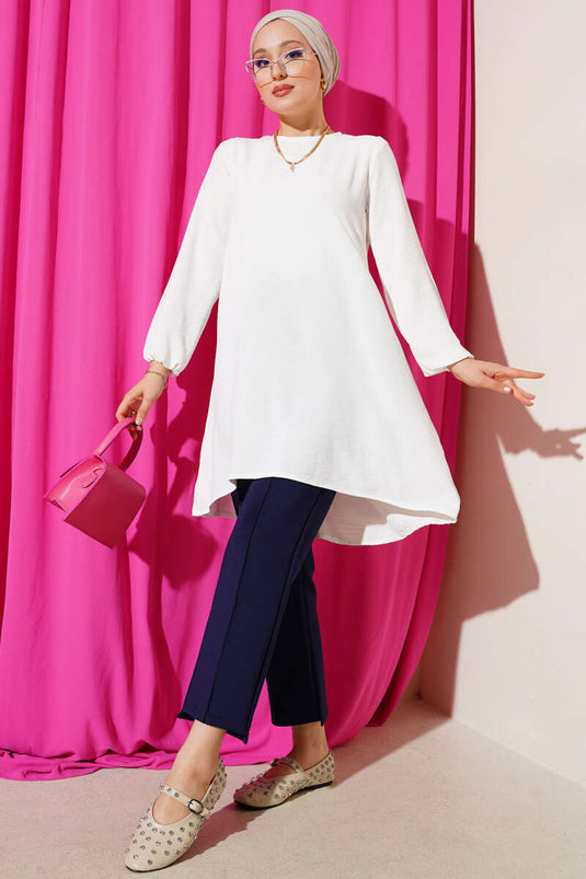 Ayrobin-Tunika mit Rundhalsausschnitt und Paspelierung, Ecru