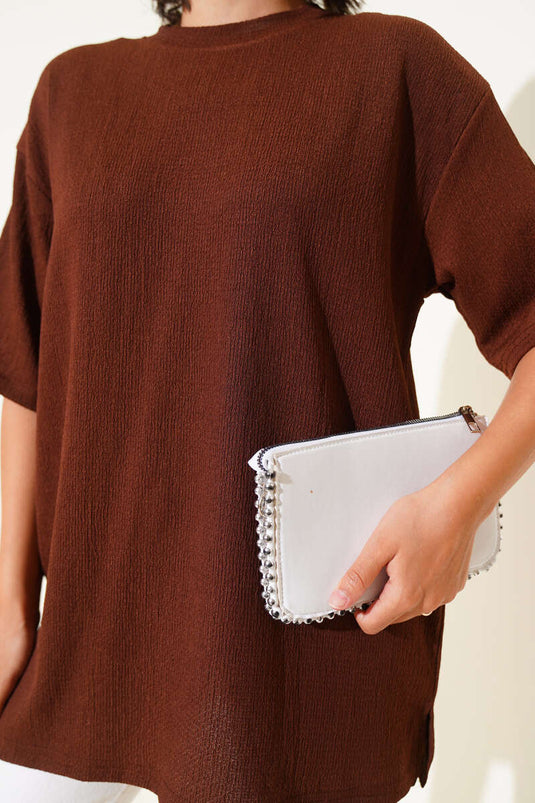 Rundhals-T-Shirt aus Krepp, Kaffee