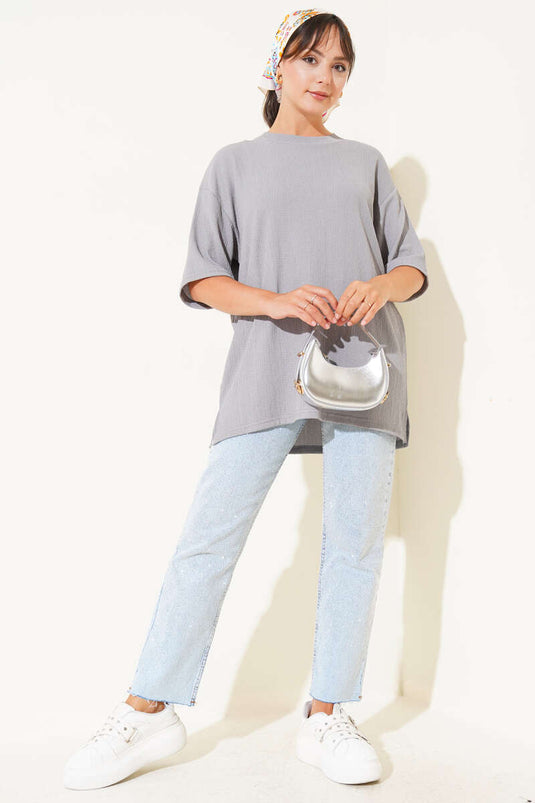 Bisiklet Yaka Bürümcük T-shirt Gri