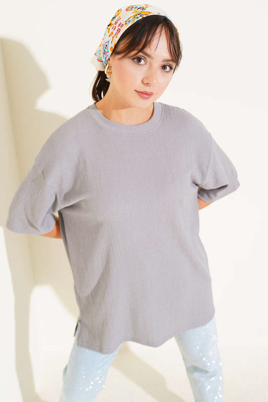 Bisiklet Yaka Bürümcük T-shirt Gri