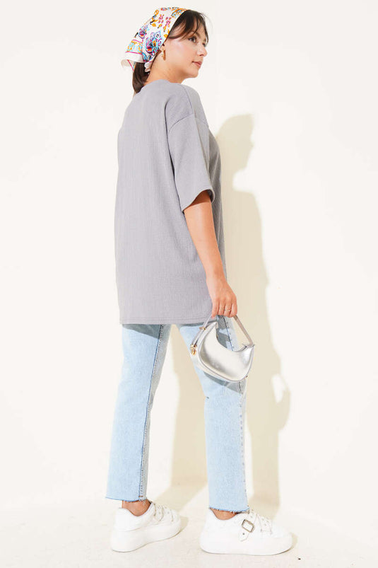 Bisiklet Yaka Bürümcük T-shirt Gri