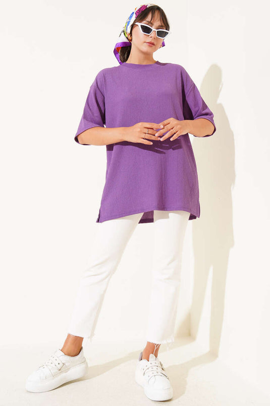 Bisiklet Yaka Bürümcük T-shirt Lila