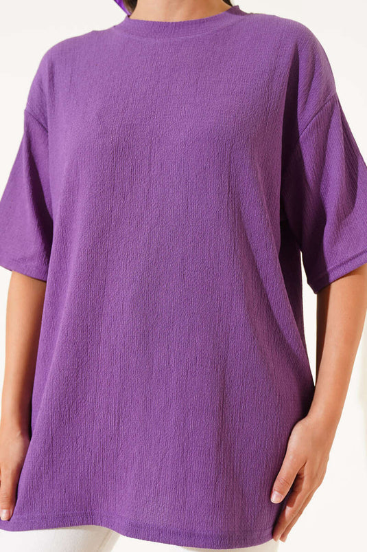 Bisiklet Yaka Bürümcük T-shirt Lila