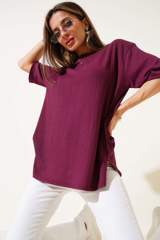 Crew Neck Wrinkled T-shirt Mulberry