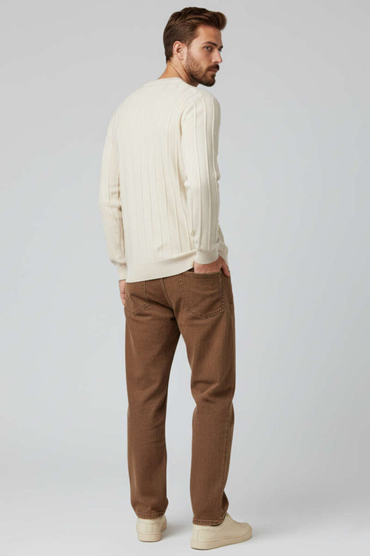 كنزة صوفية محبوكة بتفاصيل مخططة وياقة دائرية بلون حجري