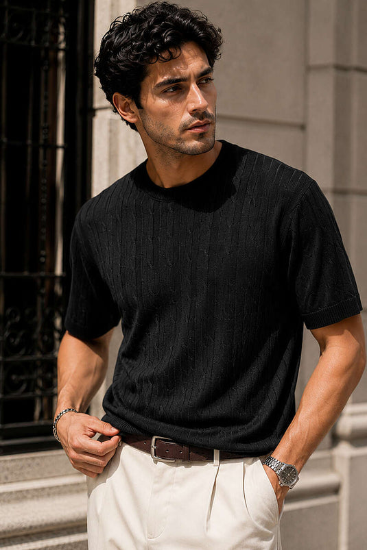 Bisiklet Yaka Desenli Merserize Erkek T-shirt Siyah