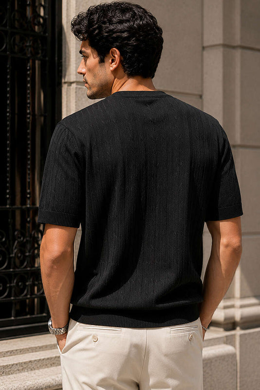Bisiklet Yaka Desenli Merserize Erkek T-shirt Siyah