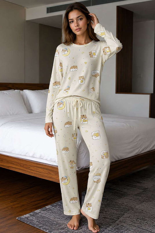Rundhals Muster-Pyjama-Set Mehrfarbig 9