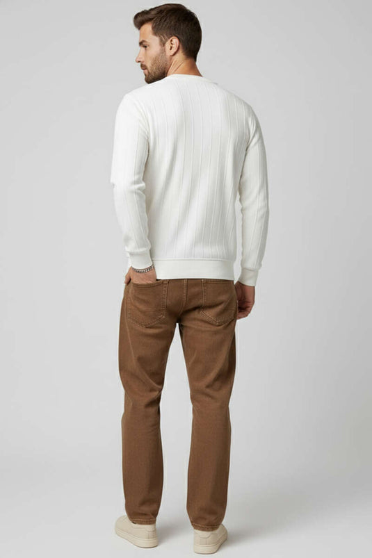 سويت شيرت رجالي برقبة دائرية مخيط، لون بيج فاتح