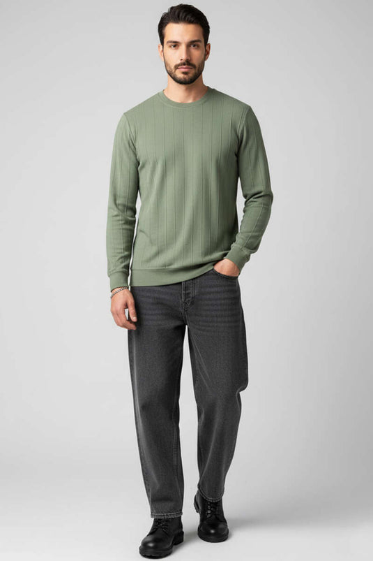 سويت شيرت رجالي بياقة دائرية مخيطة، لون كاكي