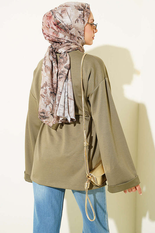Haki Tunik Met Ronde Hals En Dubbele Mouwen Met Binddetail