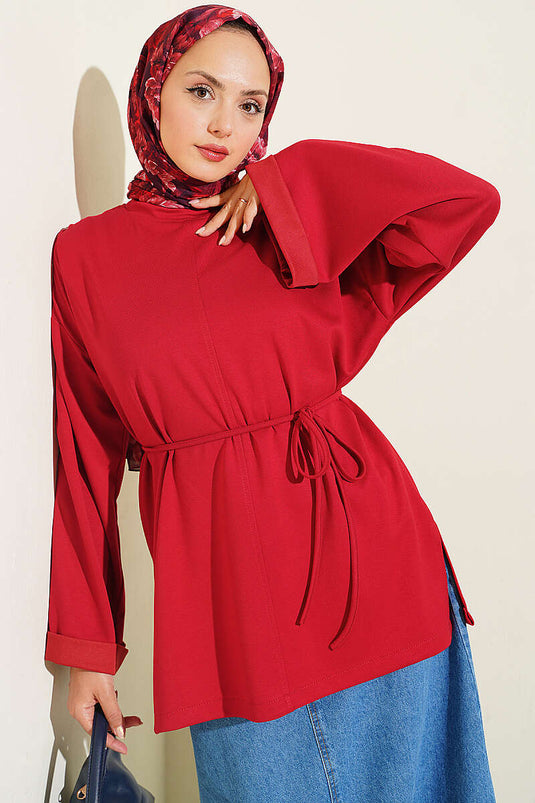 Red Bicycle Neck Double Sleeve Tie Detail Tunic