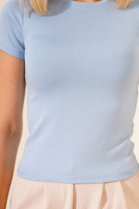 Bisiklet Yaka Düz T-shirt Mavi