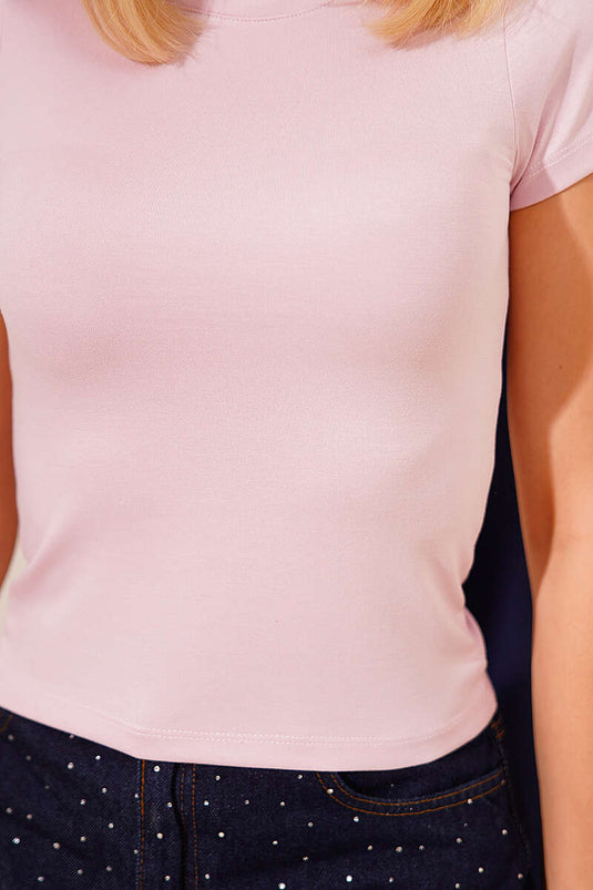 Bisiklet Yaka Düz T-shirt Pembe