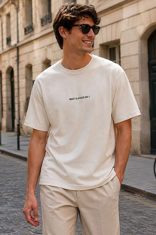 T-shirt homme beige à col rond avec impression par injection Loyşa, mode modeste