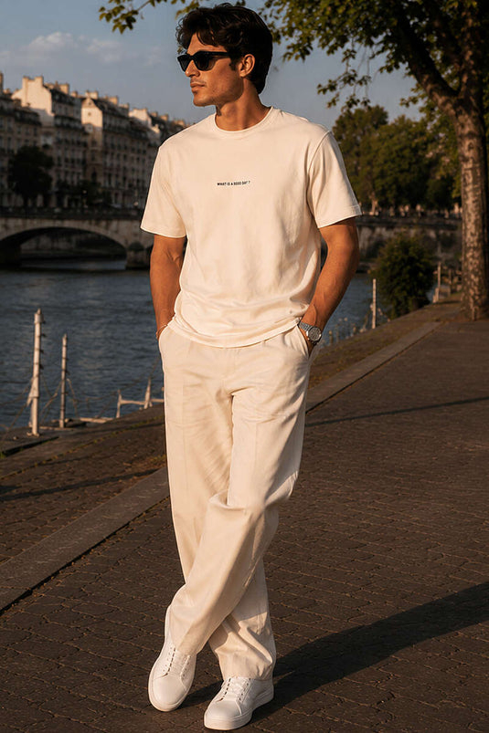 T-shirt homme beige à col rond avec impression par injection Loyşa, mode modeste