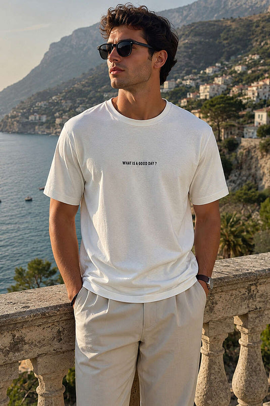 T-shirt homme Loyşa à col rond avec impression par injection, couleur écru