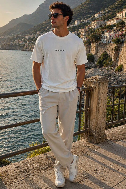 T-shirt homme Loyşa à col rond avec impression par injection, couleur écru