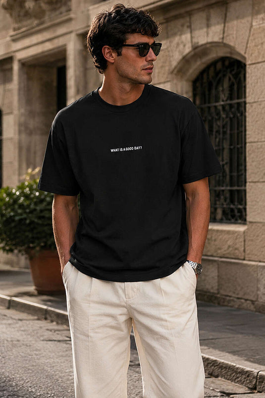 T-shirt homme noir Loyşa à col rond avec impression par injection
