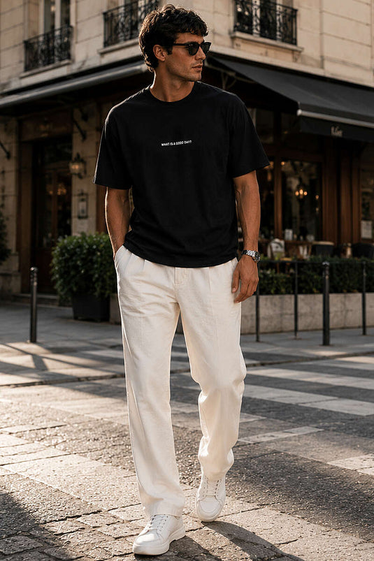 T-shirt homme noir Loyşa à col rond avec impression par injection
