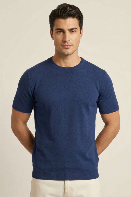Bisiklet Yaka Erkek Triko T-shirt Lacivert