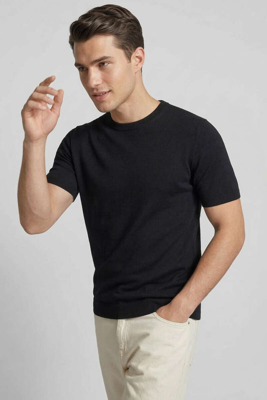 Bisiklet Yaka Erkek Triko T-shirt Siyah