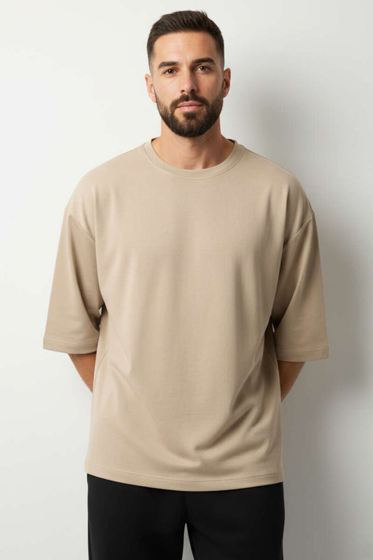 Bisiklet Yaka Fakir Kollu T-shirt Bej