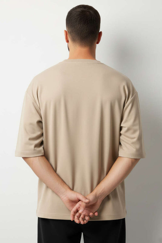 Bisiklet Yaka Fakir Kollu T-shirt Bej