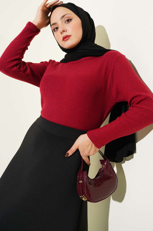 Crew Neck Ribbed Blouse Burgundy